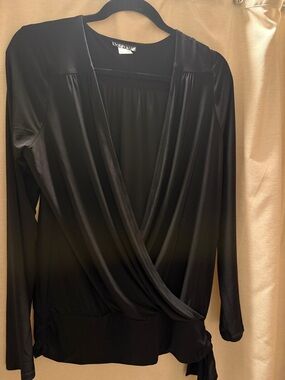 VENUS Black Draped Faux-Wrap Long Sleeve Blouse